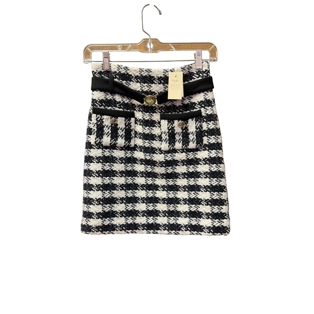 NWT Maje Jicky Tweed Mini Skirt Black White Plaid Belted Gold Button Size 34